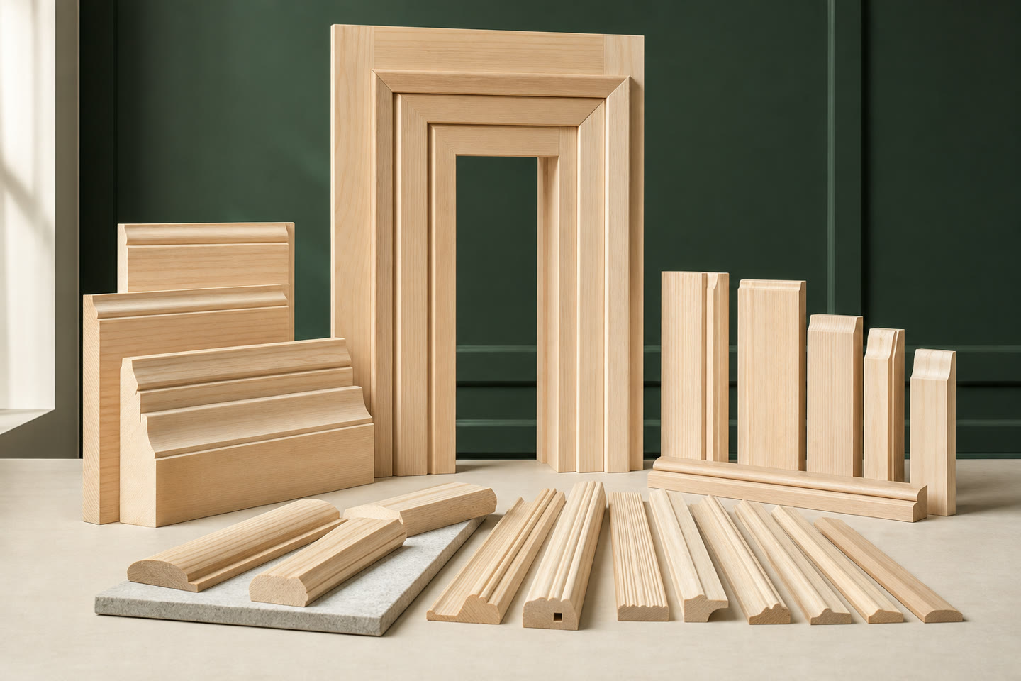 Wood baseboards, door frames, and moulding profiles.