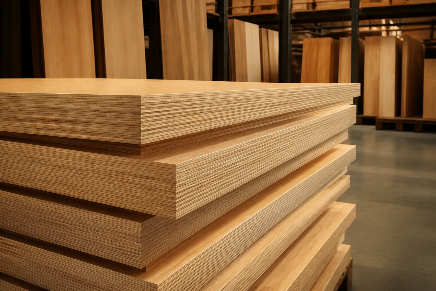 Plywood sheets stacked in a warehouse.