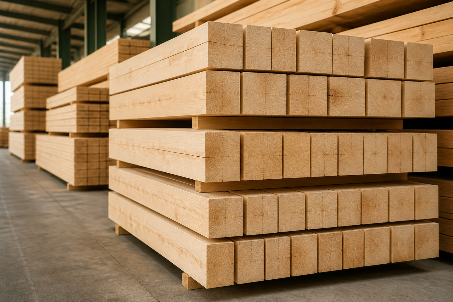 Neatly stacked sawn lumber.