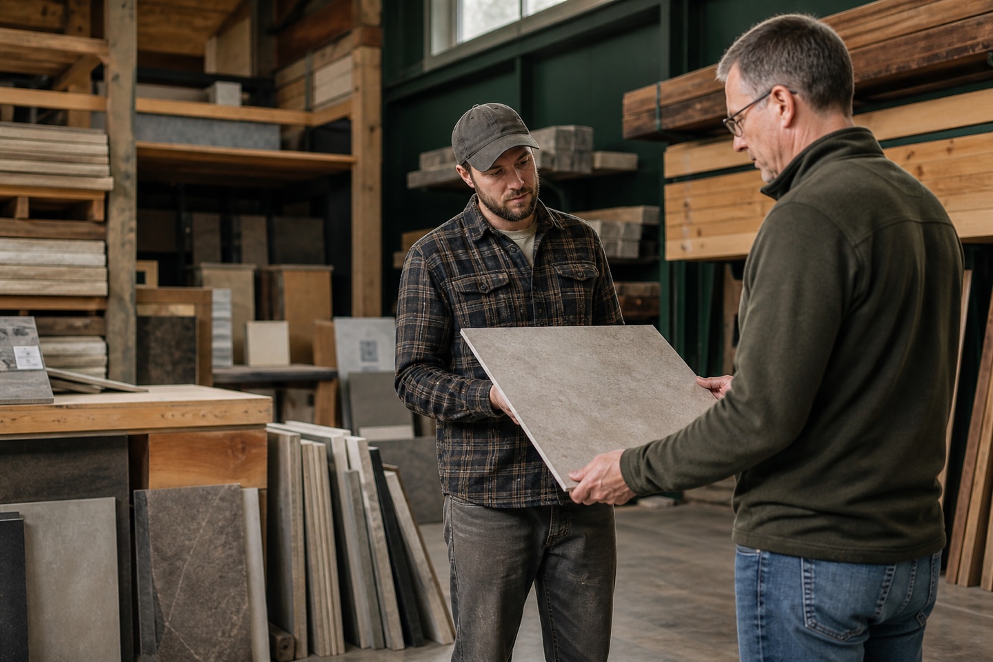 Two construction professionals reviewing a material sample in a warehouse.