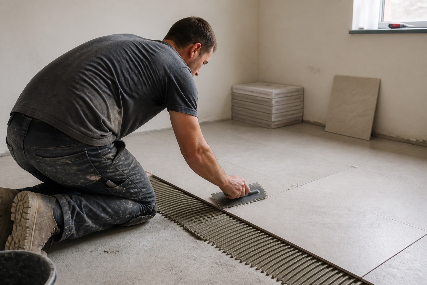 A tile installer fitting a large porcelain tile in a renovation site.
