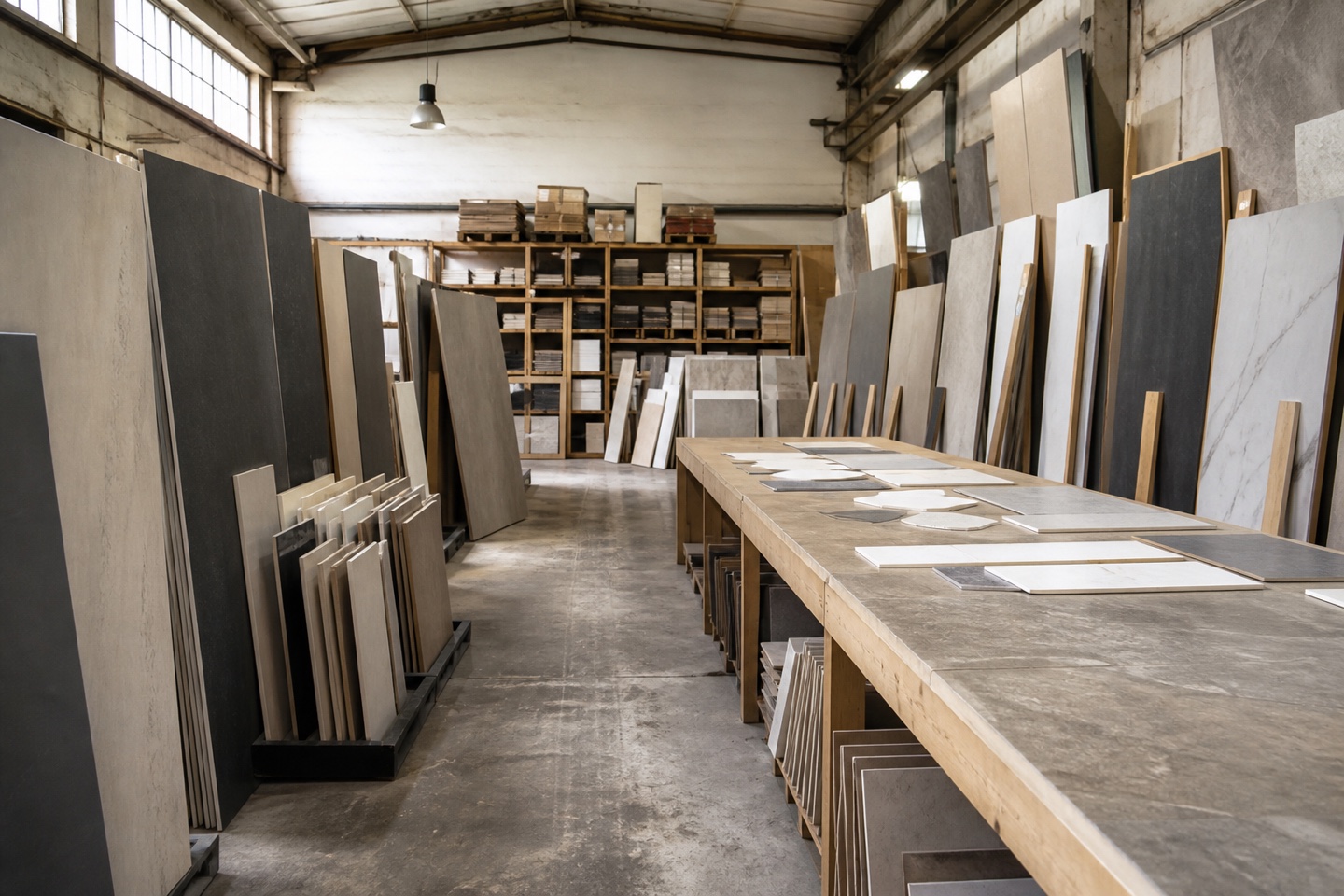 Porcelain and tile samples arranged in a warehouse.